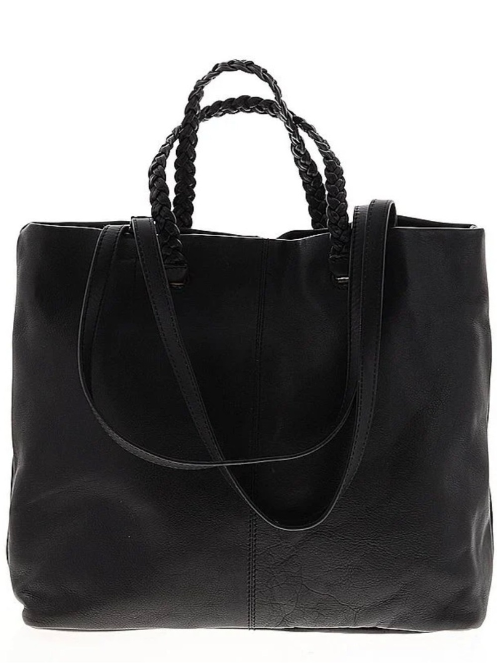 Lucky Brand Black Leather Tote Bag with Braided Handles EUC
